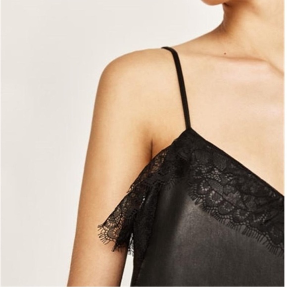 zara faux leather & lace slip dress black womens size xs - Picture 2 of 8